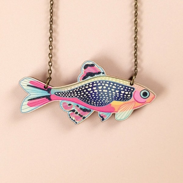 Galaxy Rasbora Tropical Fish Necklace ~ chunky maximalist quirky jewelry, colorful kitsch