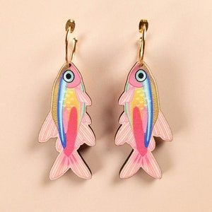 Kitsch Neon Tetra Fish Lesbian Earrings ~ quirky bold colorful statement maximalist jewelry, fun chunky aquarium animal, weird birthday gift
