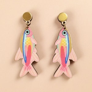 Quirky Colorful Maximalist Jewelry ~ nature-inspired chunky kitsch neon tetra fish statement lesbian earrings, weird laser cut wood acrylic