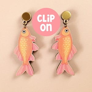 Clip On Comet Common Goldfish Earrings || Cute Quirky Whimsical Cool Chunky Kitsch Fish || Laser Cut Wood Statement