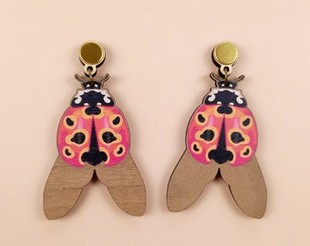 Ladybug Beetle Wooden Statement Dangly Earrings | Chunky Quirky Gardener Insect | Sustainable Ladybird Gift