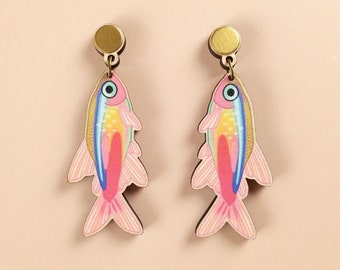 Quirky Colorful Maximalist Jewelry ~ nature-inspired chunky kitsch neon tetra fish statement lesbian earrings, weird laser cut wood acrylic