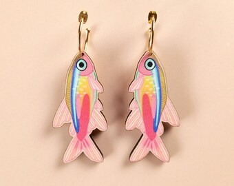 Kitsch Neon Tetra Fish Lesbian Earrings ~ quirky bold colorful statement maximalist jewelry, fun chunky aquarium animal, weird birthday gift