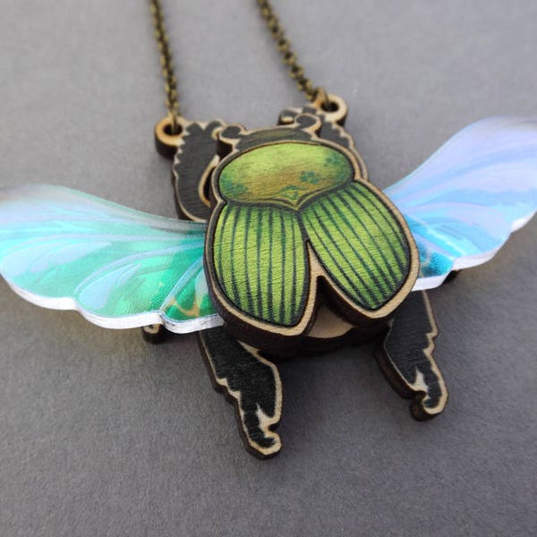 Laser Cut Scarab Steampunk Witch Statement Necklace Jewelry, Bug Beetle Scarab Insect Wood Acrylic Jewellery, Birch Please