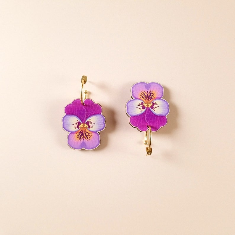 Bold Cottagecore Kitsch Lesbian Earrings quirky colorful statement maximalist jewelry, natureinspired summer pansy flower hoops image 6