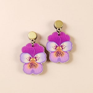 Quirky Maximalist Lesbian Earrings bold colorful statement nature-inspired jewelry, unique wooden laser cut summer pansy flower fun dangle image 2