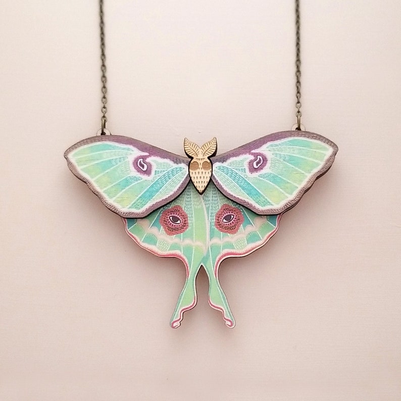 Luna Moth Statement Necklace - Laser Cut Wood Jewelry - Insect Butterfly Cottagecore Necklace - Birch Please 