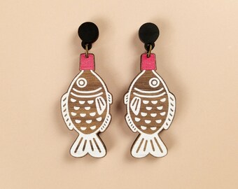 Sushi Soy Sauce Fish Dangle Earrings ~ chunky maximalist kitsch jewelry, handmade sustainable lesbian earring gift in laser cut wood