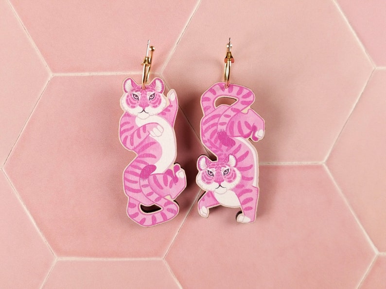 Pink Tiger Statement Earrings maximalist kitsch bold lesbian jewelry, fun sustainable handmade birthday gift in laser cut wood image 1