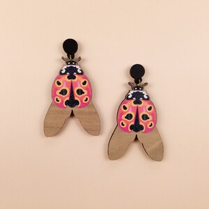 Ladybug Beetle Wooden Statement Dangly Earrings Chunky Quirky Gardener Insect Sustainable Ladybird Gift image 3