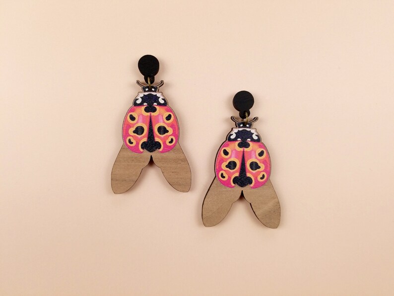 Ladybug Beetle Wooden Statement Dangly Earrings Chunky Quirky Gardener Insect Sustainable Ladybird Gift image 3