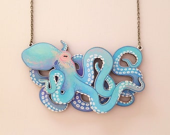 Chunky Octopus Statement Necklace - ocean animal nature maximalist natureinspired jewelry, laser cut wood acrylic by Birch Please