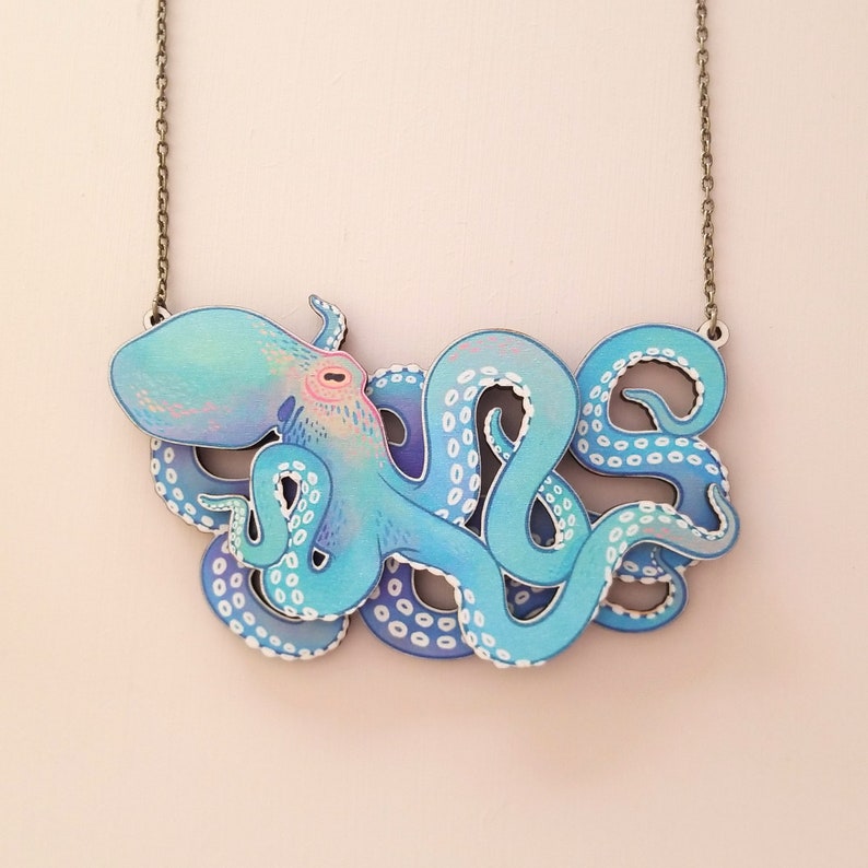 Chunky Octopus Statement Necklace ocean animal nature maximalist natureinspired jewelry, laser cut wood acrylic by Birch Please image 1
