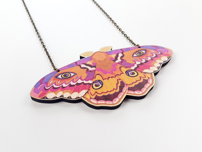 Emperor Moth Chunky Statement Necklace maximalist cottagecore goblincore wooden natureinspired jewelry image 5