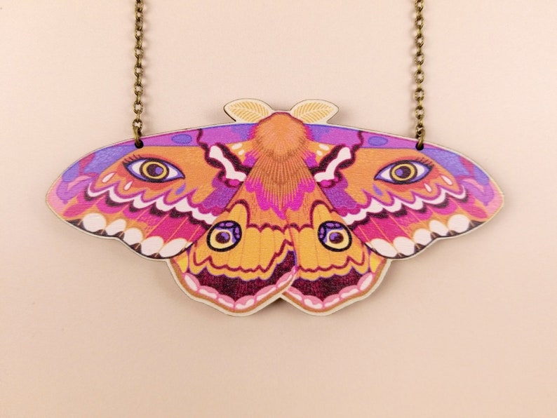 Emperor Moth Chunky Statement Necklace maximalist cottagecore goblincore wooden natureinspired jewelry image 2