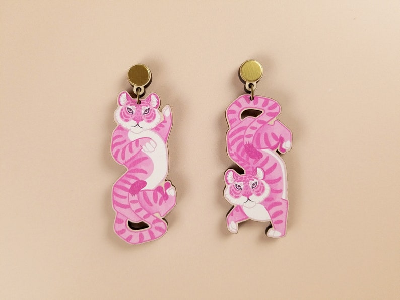 Kitsch Pink Tiger Clip On Earrings Maximalist Funky Lesbian Statement Jewelry Sustainable Handmade Gift Laser Cut Wood image 2