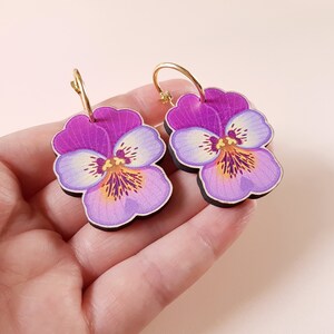 Bold Cottagecore Kitsch Lesbian Earrings quirky colorful statement maximalist jewelry, natureinspired summer pansy flower hoops image 4
