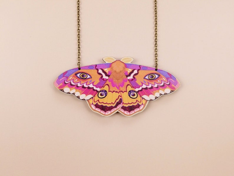 Emperor Moth Chunky Statement Necklace maximalist cottagecore goblincore wooden natureinspired jewelry image 1