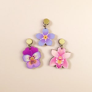 Quirky Maximalist Lesbian Earrings bold colorful statement nature-inspired jewelry, unique wooden laser cut summer pansy flower fun dangle image 6