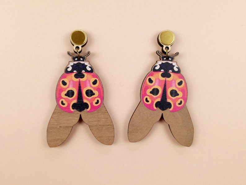 Ladybug Beetle Wooden Statement Dangly Earrings Chunky Quirky Gardener Insect Sustainable Ladybird Gift image 1