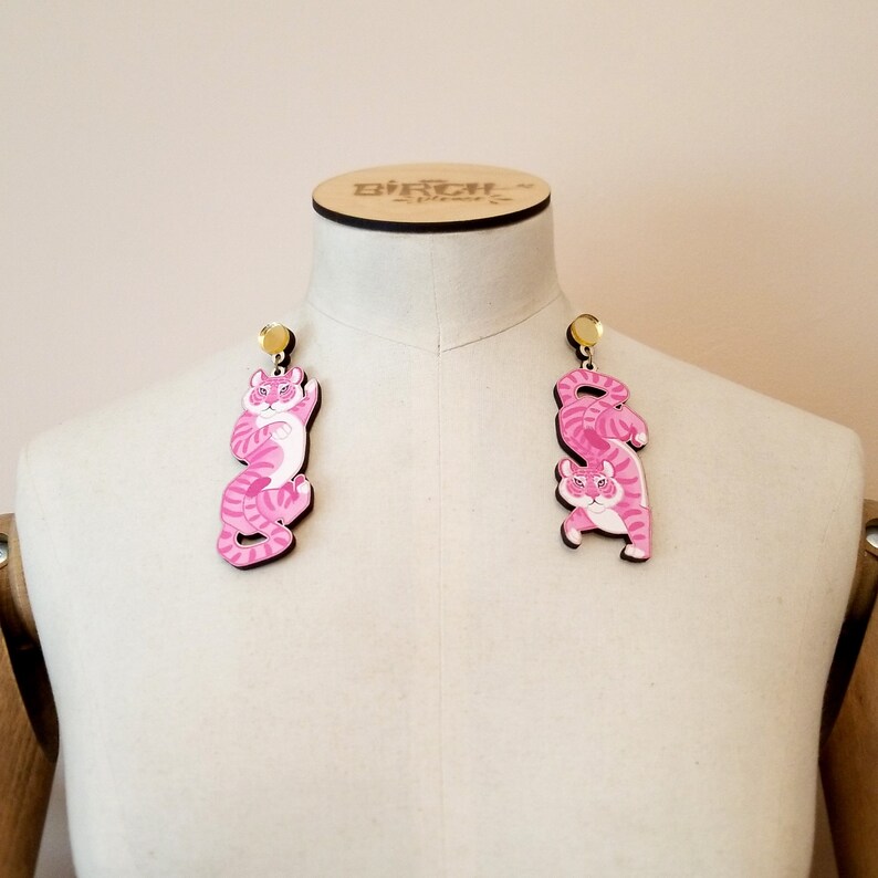 Kitsch Pink Tiger Clip On Earrings Maximalist Funky Lesbian Statement Jewelry Sustainable Handmade Gift Laser Cut Wood image 4