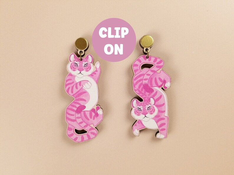 Kitsch Pink Tiger Clip On Earrings Maximalist Funky Lesbian Statement Jewelry Sustainable Handmade Gift Laser Cut Wood image 1