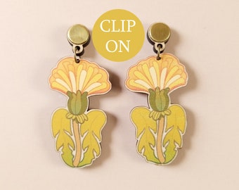 Quirky Dandelion Flower Clip On Earrings ~ nature-inspired maximalist jewelry, bold colorful summer lesbian statement earrings