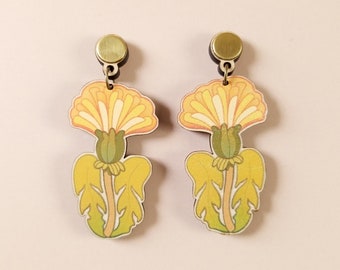 Goblincore Dandelion Flower Statement Earrings ~ quirky weird cottagecore maximalist jewelry, chunky laser cut wood studs