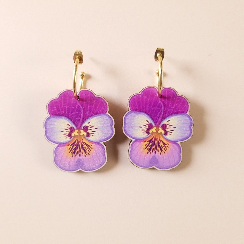 Bold Cottagecore Kitsch Lesbian Earrings quirky colorful statement maximalist jewelry, natureinspired summer pansy flower hoops image 1