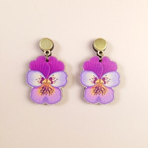 Quirky Maximalist Lesbian Earrings bold colorful statement nature-inspired jewelry, unique wooden laser cut summer pansy flower fun dangle image 5