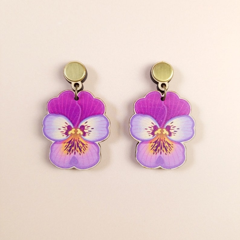 Quirky Maximalist Lesbian Earrings bold colorful statement nature-inspired jewelry, unique wooden laser cut summer pansy flower fun dangle image 5