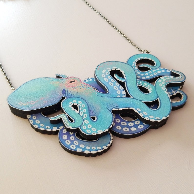 Chunky Octopus Statement Necklace ocean animal nature maximalist natureinspired jewelry, laser cut wood acrylic by Birch Please image 5