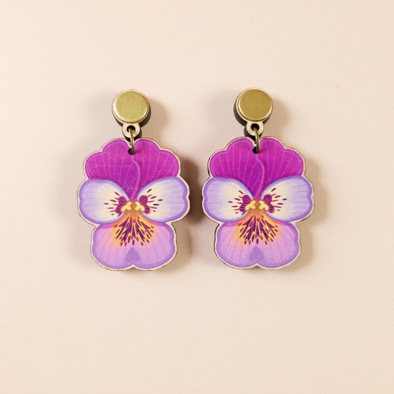 Quirky Maximalist Lesbian Earrings bold colorful statement nature-inspired jewelry, unique wooden laser cut summer pansy flower fun dangle image 1