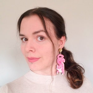 Kitsch Pink Tiger Clip On Earrings Maximalist Funky Lesbian Statement Jewelry Sustainable Handmade Gift Laser Cut Wood image 6