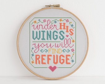 Faith Cross Stitch Pattern: Under His Wings Typography (PDF Download)