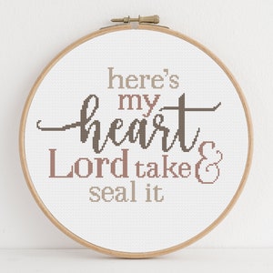 Modern Cross Stitch Pattern Faith Hymn Quote PDF - Here's My Heart Lord - Instant Download - Beginning Cross Stitch Counted Chart - DIY Art