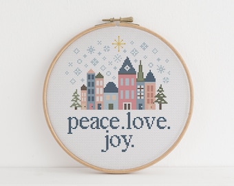 Winter Snow Houses Cross Stitch Pattern: Peace Love Joy (PDF Download)