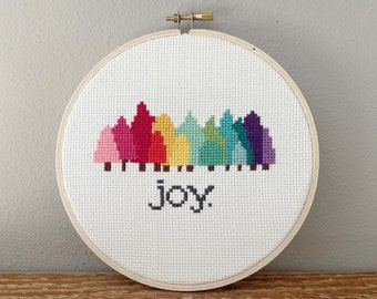 Modern Cross Stitch Pattern Rainbow Trees Joy PDF - Modern Christmas Rainbow Instant Download - Beginning Cross Stitch Counted Chart DIY Art