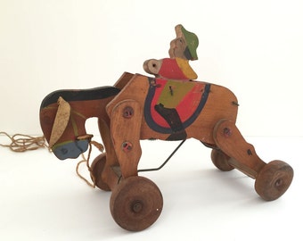 vintage wooden pull toy donkey & rider