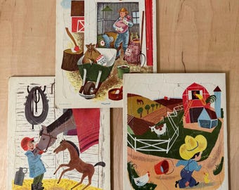 Vintage Playskool Kids Puzzles with Barnyard / Western Theme. Set of 3