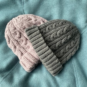 Knitting pattern DK and Chunky cabled beanies Together