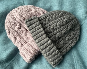 Knitting pattern DK and Chunky cabled beanies Together