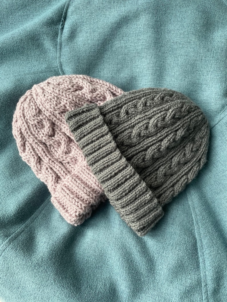 Knitting pattern DK and Chunky cabled beanies Together image 1