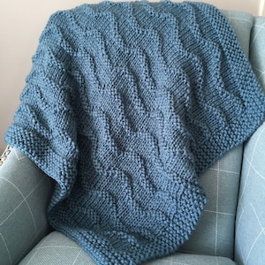 May include: A teal blue knitted blanket with a wavy pattern, draped over a chair.