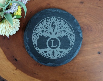 Tree of life monogram coaster - personalized engraved slate coaster with initial