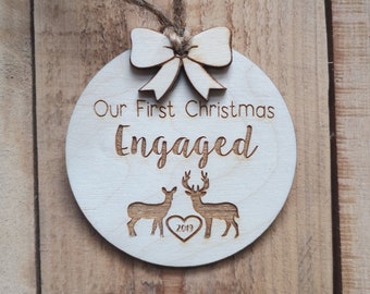 Our first christmas engaged ornament engraved wood ornament with custom year