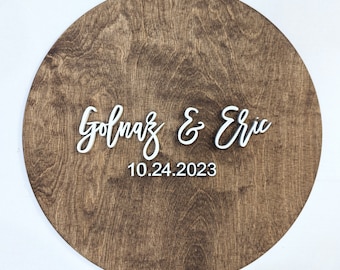 Wood guest book alternative circle sign personalized with first names and date