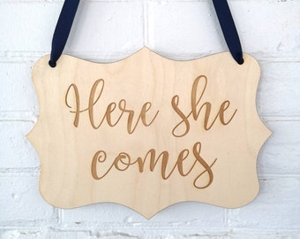 Wood ring bearer sign engraved here she comes