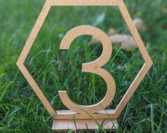 Wood table number hexagon with base - minimalist wedding table decor