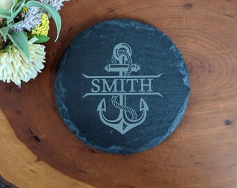 Nautical coaster with last name - personalized slate coaster with anchor